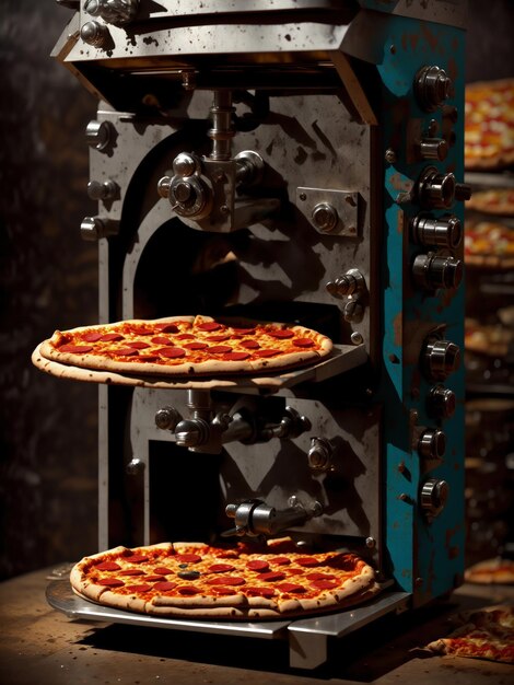 Photo a machine that produces pizza with cheese meld realistic bizarre