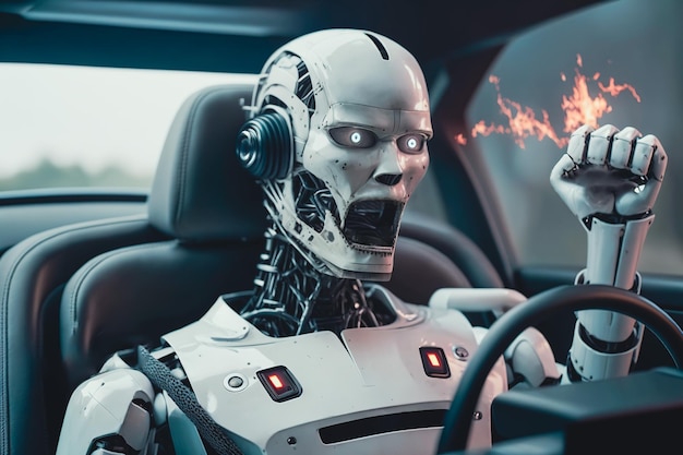 Machine uprising angry humanoid robot driving a car with rage Generative AI