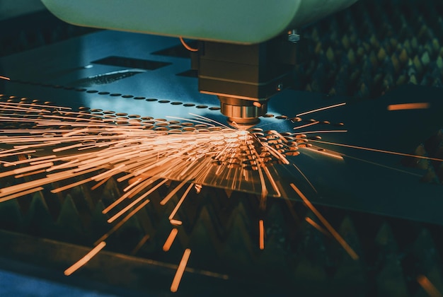 Machine voor het lasersnijden van metaal Laserkop snijdt de plaat met een straal die vonken verspreidt