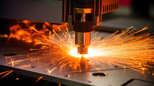 A machine with a laser cutting machine with sparks flying around it