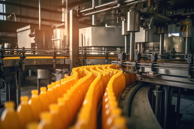 A machine with orange bottles in a factory