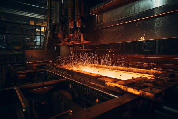 A machine with a piece of metal being made in a dark room.