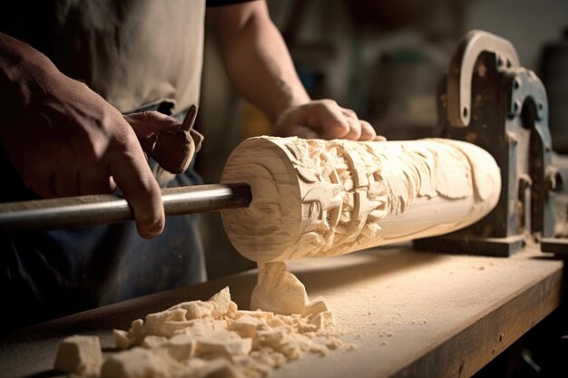 Machinery shaping raw wood into cricket bat handle created with generative ai