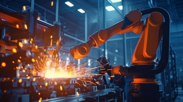 Machines met automatiseringsrobotarmen in intelligente fabrieken gebruiken software voor realtime monitoring Generative AI Robotic Welding en Digital Manufacturing