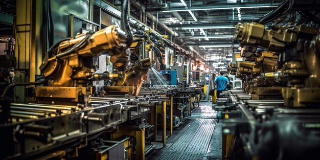 Machines zoemen van bedrijvigheid in een drukke fabriek ter illustratie van de drukte van productielijnen Generative ai