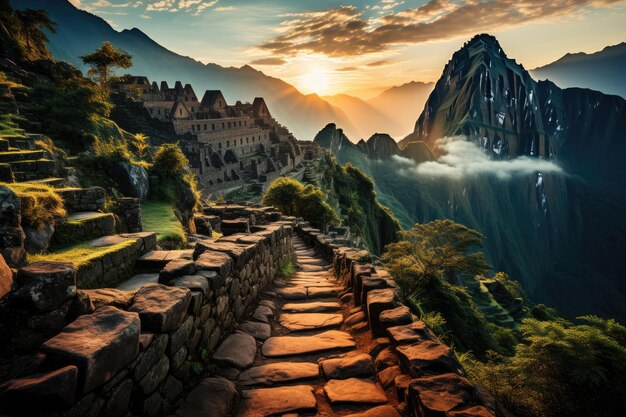 Machu picchu intipunku the majestic entrance to the mountains generative ia