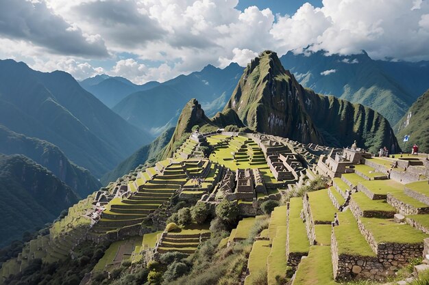 Photo machu picchu terraces steep view from above to urubamba valley below