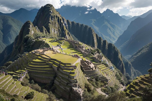 Machu picchu terrassen steil uitzicht van boven naar de urubamba vallei beneden