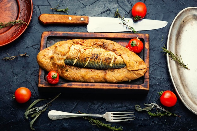 Mackerel baked in bread loaf