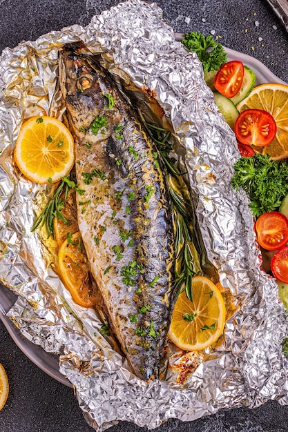 Mackerel baked in foil with vegetables on a dish, top view