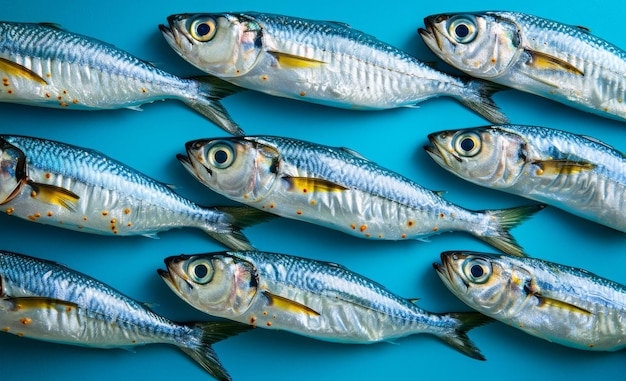 Photo mackerel fish lined up in row on blue background