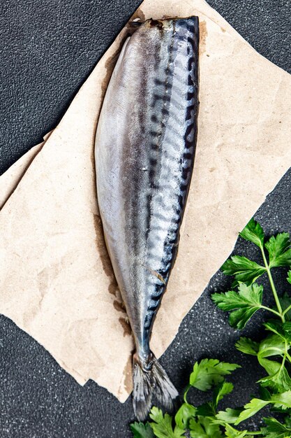 写真 サバ魚シーフード新鮮な健康的な食事食品ダイエットスナックテーブル上のコピースペース食品の背景