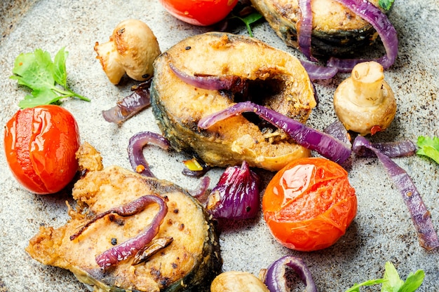 Mackerel fried in skillet