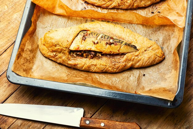 Mackerel or scomber baked in bread loaf