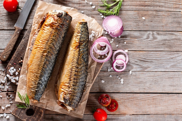 Mackerel smoked fish and other ingredients. Mediterranean food. food background. copy space