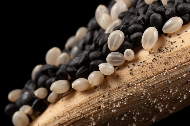 Macro of ash grains contrasting with a black background