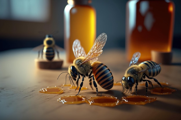 macro bee with Honey jar dipper on old wooden table ,Generative AI