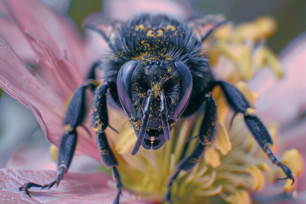 Foto macro-beeld van bijen die bestuiven in een kleine insectenwereld