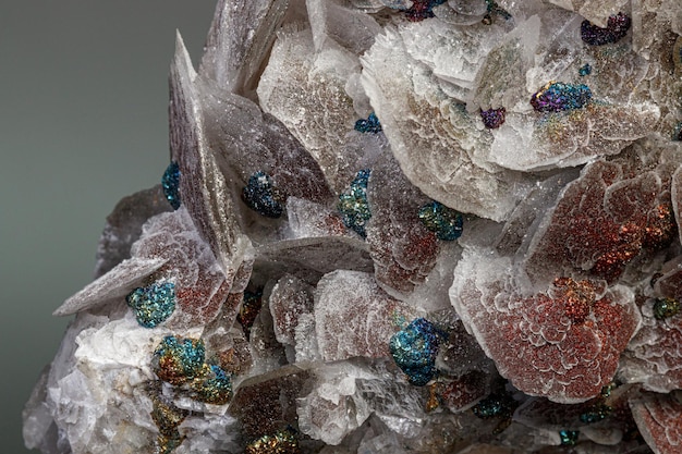 Foto macro minerali di pietra di calcite con calcopirite su sfondo grigio