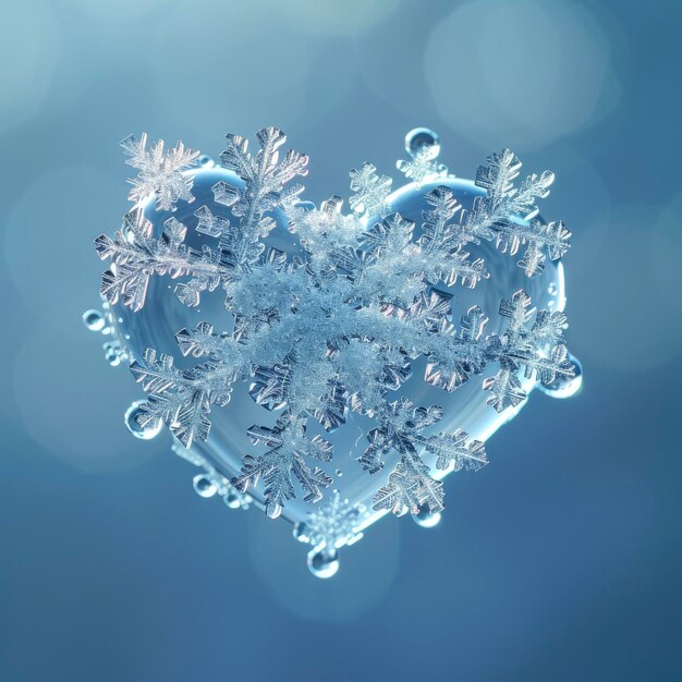 Macro capture of a heartshaped snowflake falling against a soft and light pastel blue background