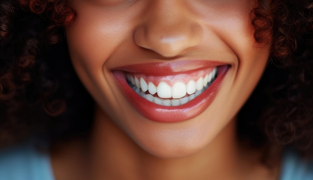 Foto macro close-up della bocca femminile africanabocca aperta che mostra denti bianchi perfetti