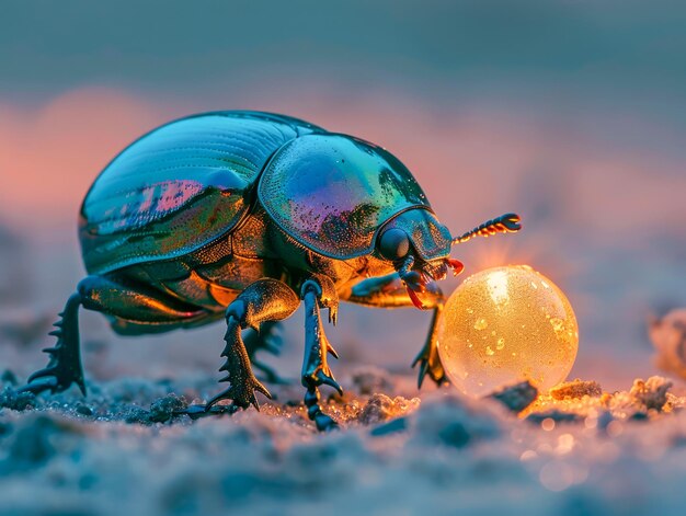 Photo macro close up of a dazzling rainbow beetle holding a glowing sphere at twilight