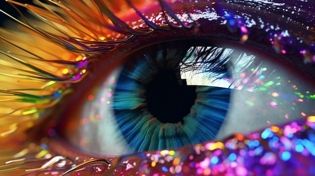 Macro close up of an eye with glass like rainbow eyelashes Generative AI