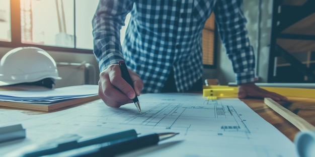 Photo macro close up of quantity surveyors hand reviewing technical drawing