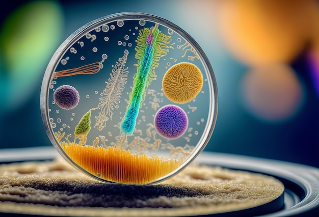 Foto macro primo piano di batteri e cellule virali in una capsula di petri da laboratorio scientifico generativo ai