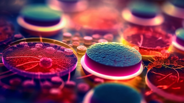 과학 실험실 페트리 접시 Generative ai에서 박테리아와 바이러스 세포의 매크로 클로즈업 샷