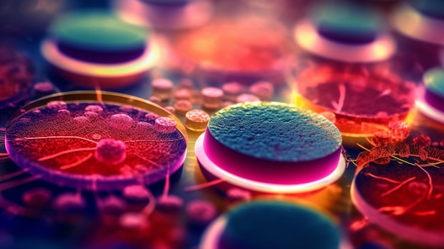 Macro close up shot of bacteria and virus cells in a scientific laboratory petri dish Generative AI