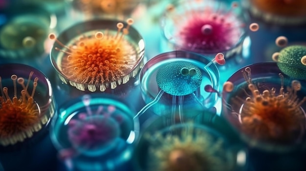 Macro close up shot of bacteria and virus cells in a scientific laboratory petri dish Generative AI