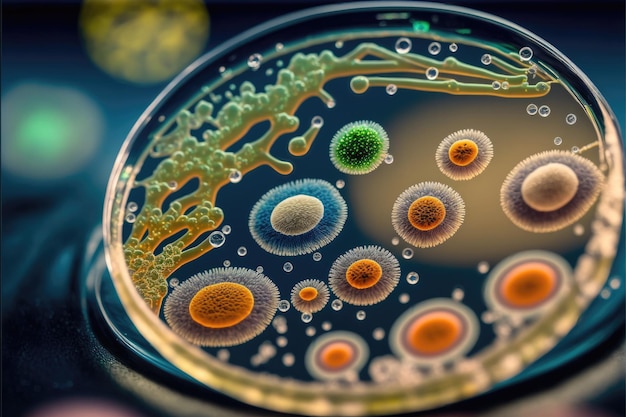 Macro close up shot of bacteria and virus cells in a scientific laboratory petri dish