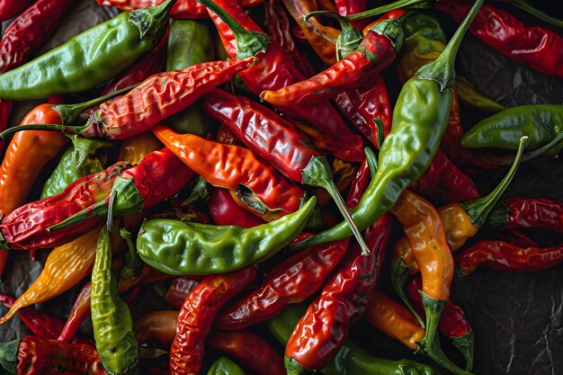 Macro close up top view mixed green and red chillies