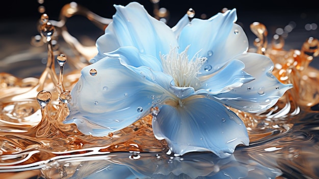 macro close-up van blauwe bloemblaadjes zilveren bloem met water splash op futuristische minimalistische achtergrond