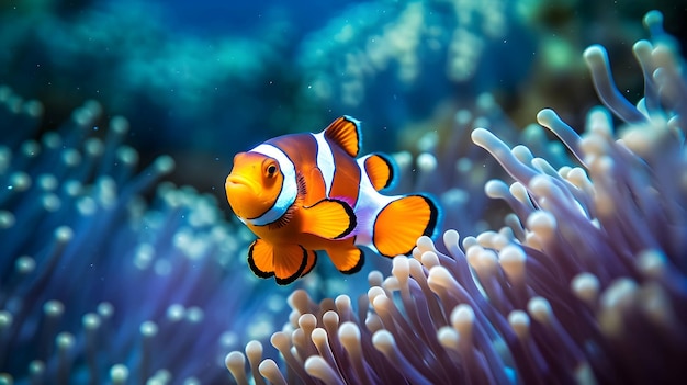Макро-близкий снимок милой рыбки-клоуна рядом с морской анемоной