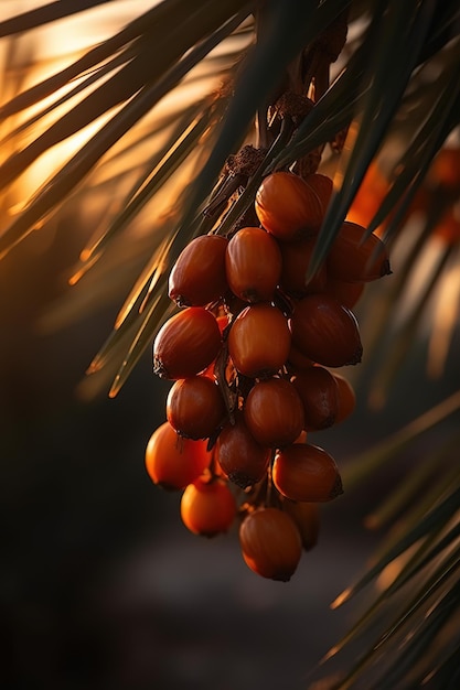 Macro closeup of a Deglet Nour palm tree with dates fruits