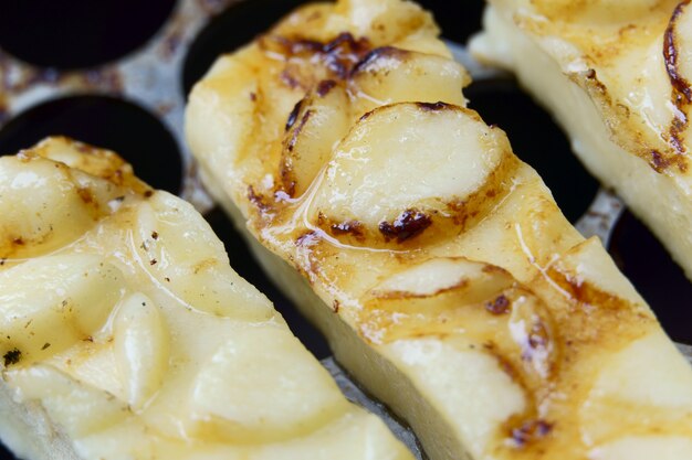 Macro closeup of ember curd cheese. traditional brazilian food.\
espeto de queijo coalho.