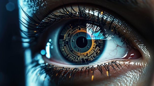 macro closeup human female future technology cybernetic iris eye view