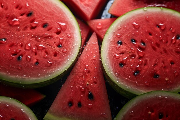 Macro and closeup of juicy and fresh sliced Watermelon Wedges top view