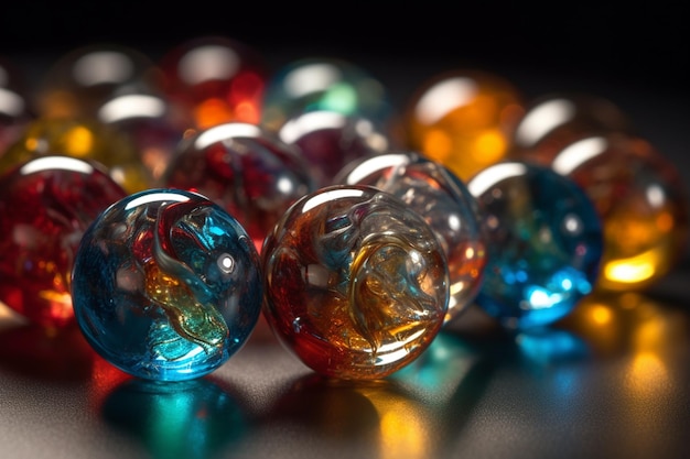 Macro closeup of many colorful marbles