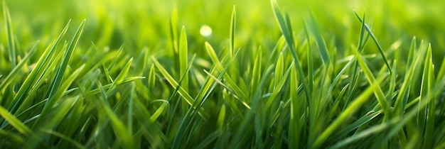 A macro closeup photo of green grass with natural sun light and dew