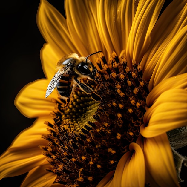 Photo macro closeup photograph of a sunflower with bee