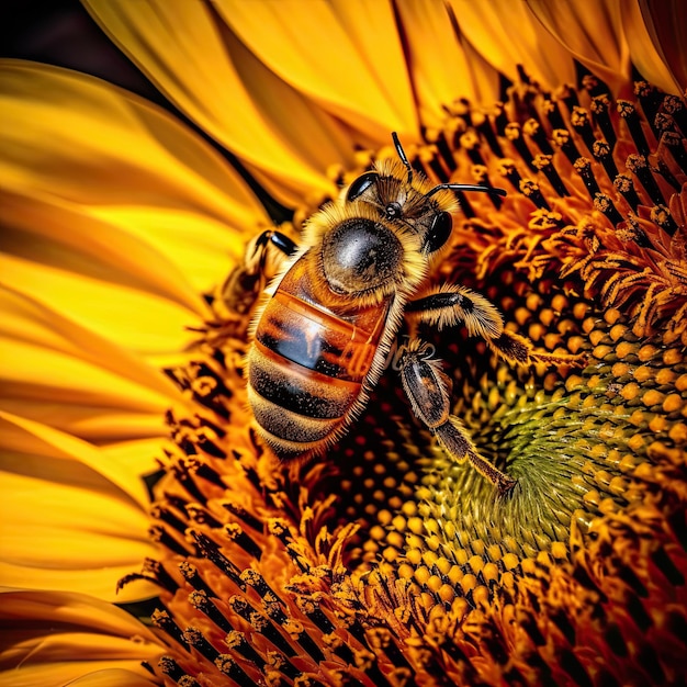 Photo macro closeup photograph of a sunflower with bee