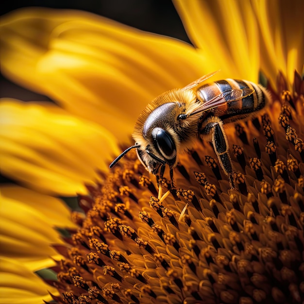 ミツバチとヒマワリのマクロクローズアップ写真