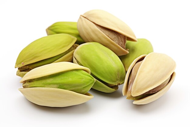 Macro CloseUp of Pistachios A detailed macro shot capturing the texture and color of pistachio nuts against a clean white background