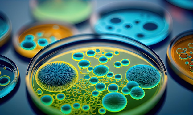 Макрофотография вирусных клеток и бактерий, генерирующих ИИ