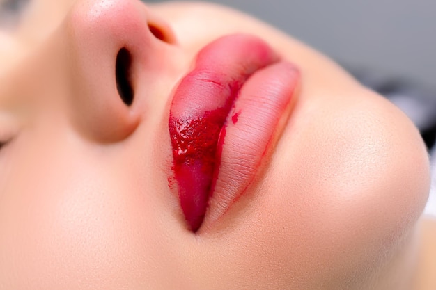 Macro coverage of lips with tattoo pigments and needle punctures