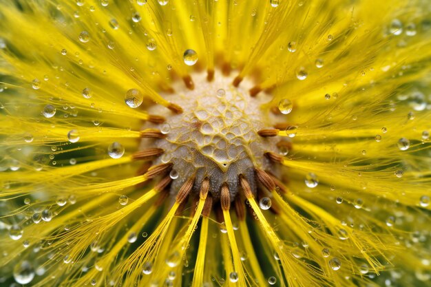 花びらに水滴がついたタンポポの花のマクロ