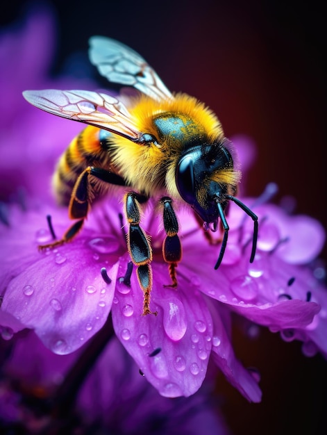 Macro detailed photo a bee sitting on a dewy purple flower with water drops on the petals